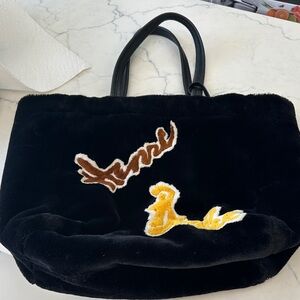 Henri Bendel Black Faux Fur Tote with Brown and Yellow Accents